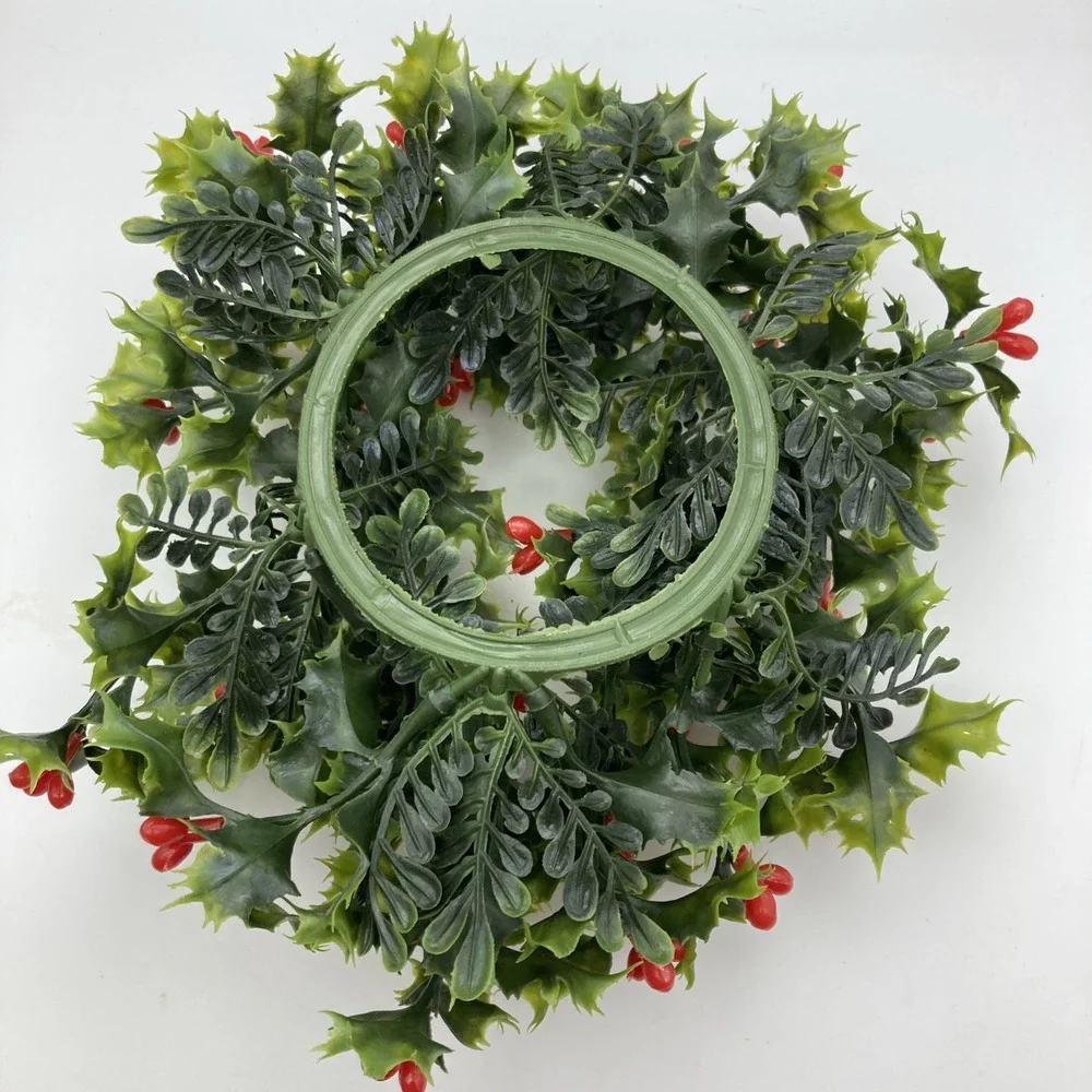 Vintage Christmas Plastic Holly Centerpiece Wreath Decoration Candle Ring